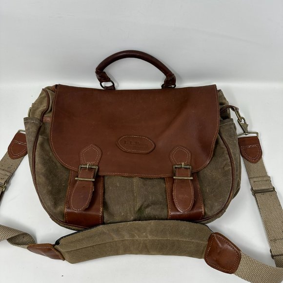 Vintage LL Bean Waxed Cotton Canvas & Leather Messenger Briefcase - Picture 1 of 16